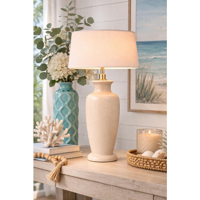 Contemporary Vintage Cream Glazed Ceramic Urn Table Lamp – Sculptural Neutral Form With Socket-Fit Drum Shade, Coastal Transitional Style, 28” H For Sale - Image 3 of 5