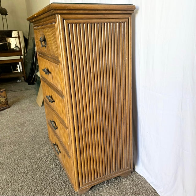 Late 20th Century Coastal Boho Rattan Highboy Dresser With Glass Top For Sale - Image 5 of 12