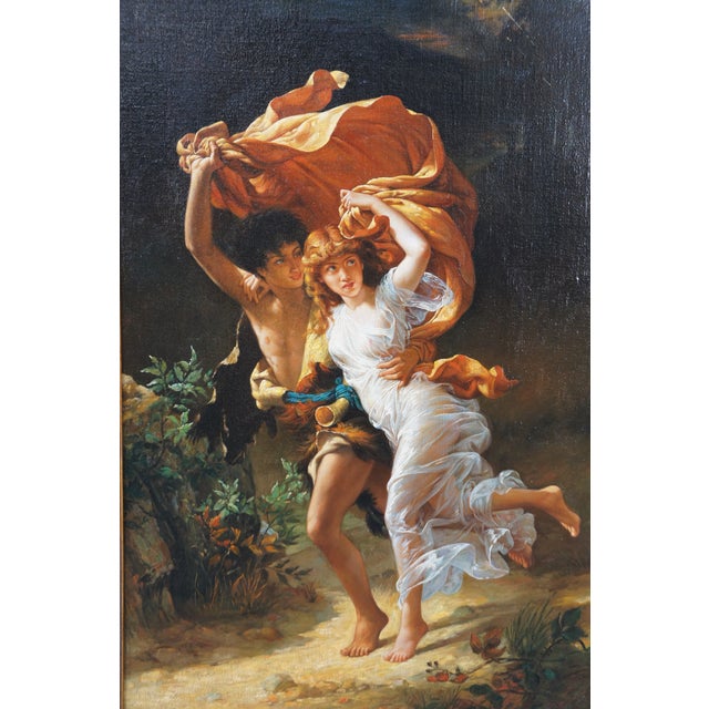 Late 20th Century The Storm Boy Girl Romantic Rainstorm Oil Painting After Pierre Auguste Cot 47" For Sale - Image 4 of 12
