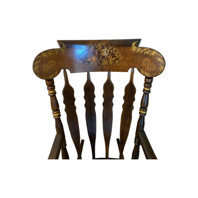 Nichols & Stone 1960s Hand Made Nichols and Stone Solid Maple, Rocking Chair. High Back Floral Motif, Accented Throughout With Gold Tone Rings. For Sale - Image 4 of 12
