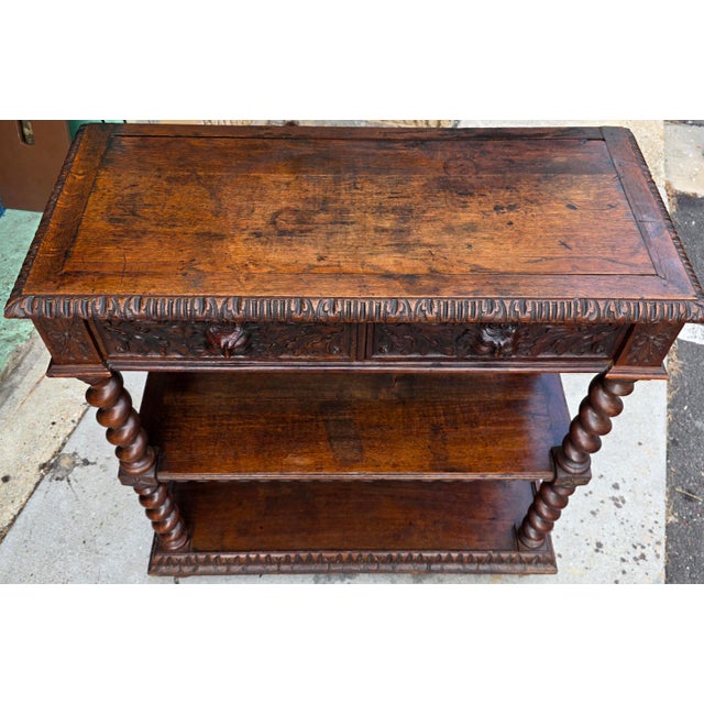 Antique English Jacobean Revival Oak Server With Carved Grotesque Masks and Barley Twist Supports, Circa 1830 For Sale - Image 15 of 18