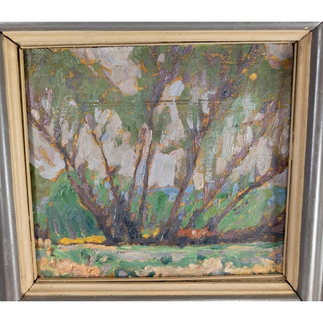 We are selling this nice small oil painting. This Fauvist or Impressionist style oil painting is of a group of trees in a...