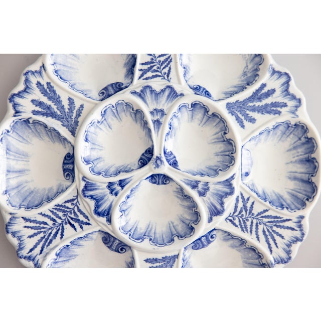 French Antique French Bordeaux Vieillard Blue & White Seaweed Oyster Plate Platter, Circa 1890 For Sale - Image 3 of 10