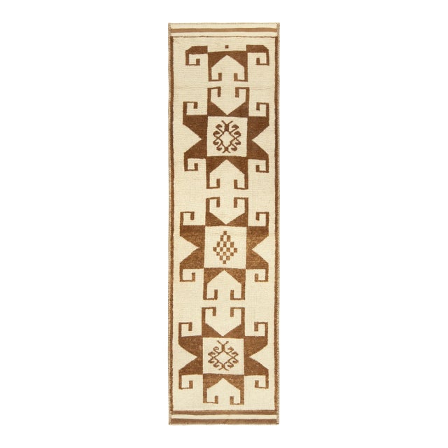 Vintage Tribal Runner in White & Beige-Brown Medallion Patterns For Sale