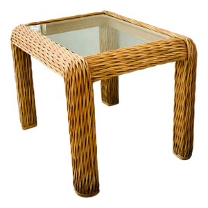 Vintage ‘Gabriella Crespi Style’ 1970’s Braided Pencil Reed Rattan Coastal Side Table, Rectangular With Glass Top