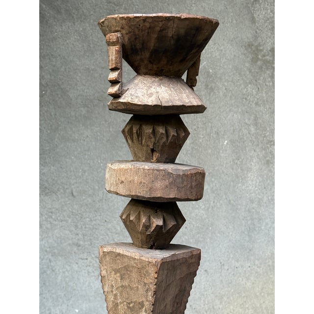 Brown Large Antique Abstract Hand-Carved Nupe House Post on Custom Stand For Sale - Image 8 of 12