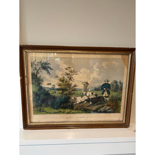 Original 1852 N. Currier "Quail Shooting" Hand-Colored Lithograph by Fanny Palmer - Nice Margins An exceptionally rare and...
