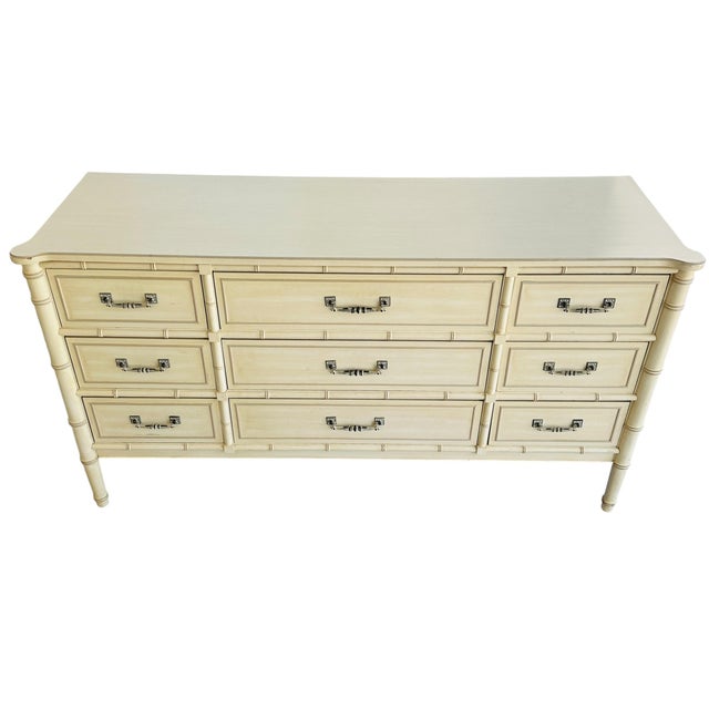 Mid-Century Modern Vintage Henry Link Bali Hai Faux Bamboo Triple Dresser - 9 Drawer - Original Finish For Sale - Image 3 of 16