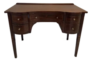 Antique Mahogany Writing Desk Potthast Bros – Bow Front, Inlaid Details, Excellent Character