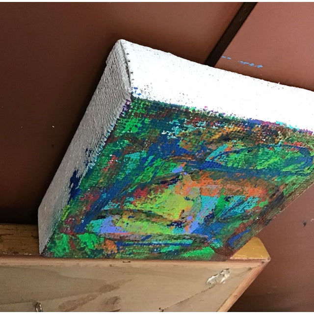 Mixed Media on 6” by 1.5" by 6” Stretched Burlap. Artist signed on the back side with S. Stilgenbauer (CA Artist Stephen...