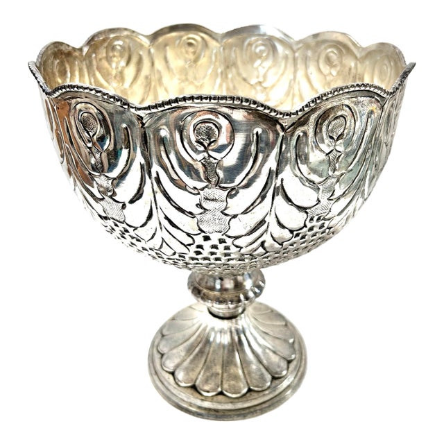 1960s Large Silver Plate Compote Fruit Bowl Embossed Repoussé Centerpiece Punch Bowl For Sale