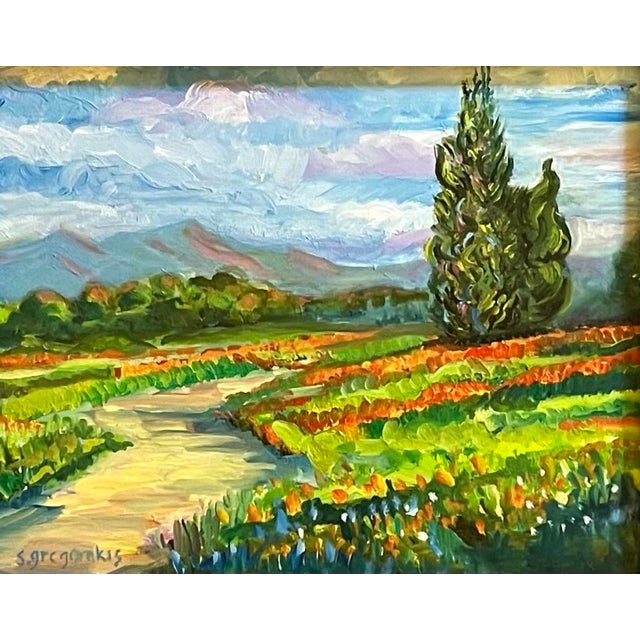 Oil painting on okoume board (similar to oak) of a French landscape with mountains in the background, two cypress trees in...