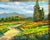 Oil painting on okoume board (similar to oak) of a French landscape with mountains in the background, two cypress trees in...