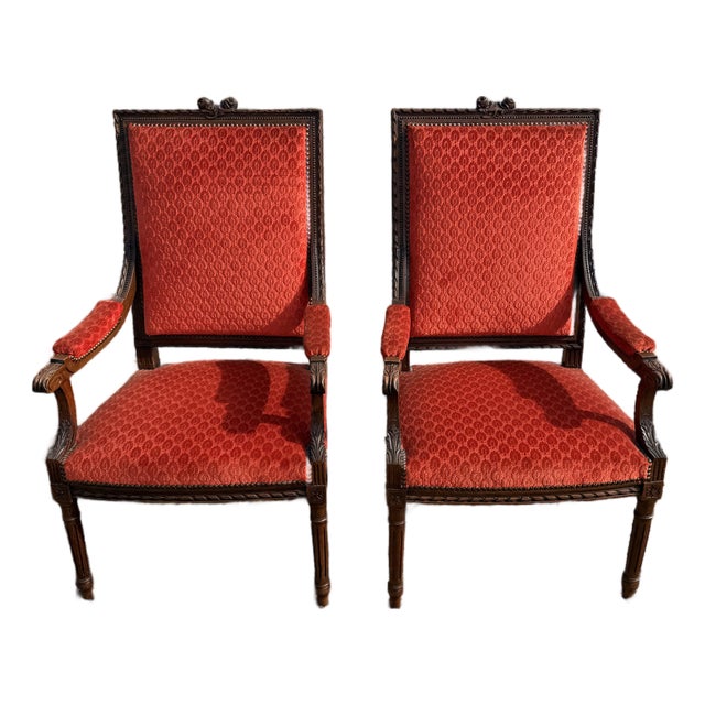 Large 19th Century Velour French Louis XVI Bergere or Armchair- A Pair For Sale