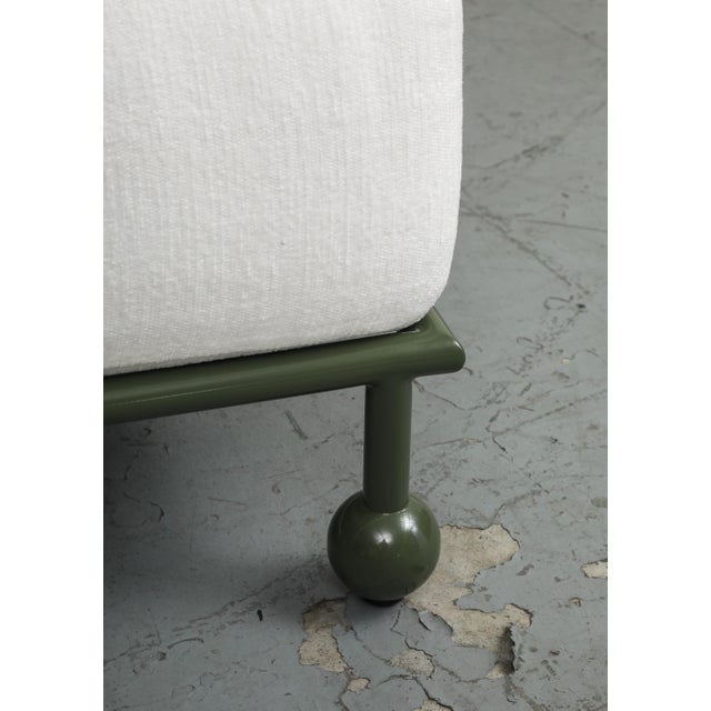 Modern outdoor lounge chair by Soho Home, like new condition. The stainless steel frame is a deep olive green with ball...