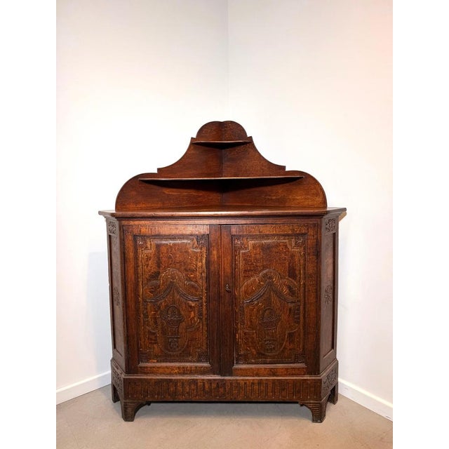 Wood Antique Carved Oak Corner Cabinet with Shelved Top For Sale - Image 7 of 7