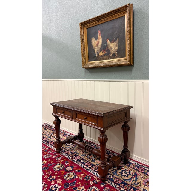 Antique French Henri II Style Writing Desk Table Drawers Oak C. 1930s For Sale - Image 11 of 18