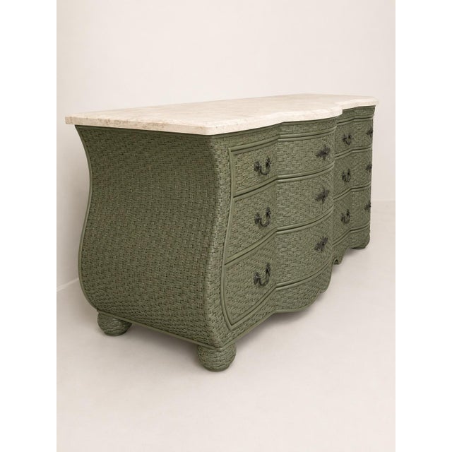 Woodard Furniture Co. Coastal Wicker Chest Credenza by Whitecraft for Woodard Serpentine With Travertine Top For Sale - Image 4 of 6