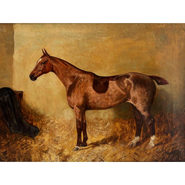 English 1910s “Chestnut Hunter in a Loose Box Stall” Antique Equestrian Horse Painting Oil on Canvas Attributed to Alfred Grenfell Haigh For Sale - Image 3 of 10