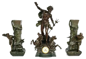 Antique French Spelter Neptune Clock and Vases by L & F Moreau, Set of 3