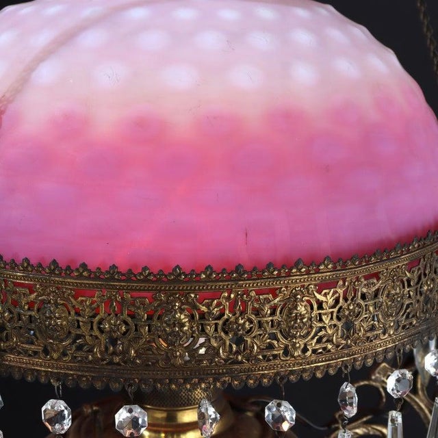 Late 19th Century Victorian Brass, Bronze & Crystal Chandelier With Peachblow Hobnail Glass Shade For Sale - Image 9 of 17