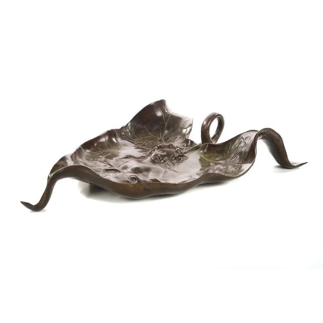 Art Nouveau Leaf Bronze Tray Sculpture With Nude Maiden Bust For Sale - Image 4 of 9