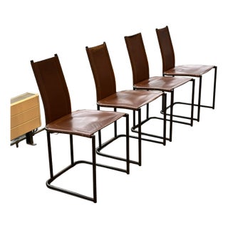 Vintage Cantilever Dining Chairs in Saddle Leather by Thema, Italy, 1970s, Set of 4 For Sale