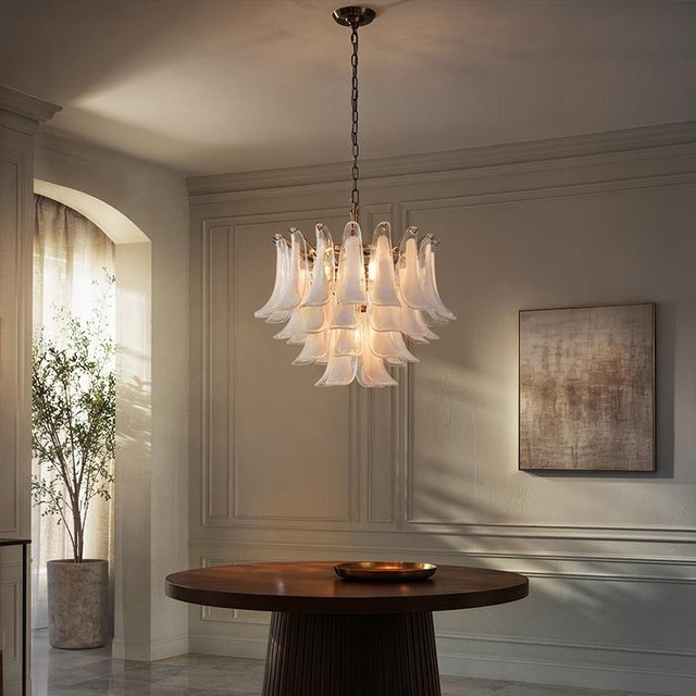 Bronze Aloadecor 24'' Wide Vintage Mid-Century Modern Chandelier 4-Light 4-Tier White Art Glass Pendant With Antique Bronze Finish For Sale - Image 8 of 9