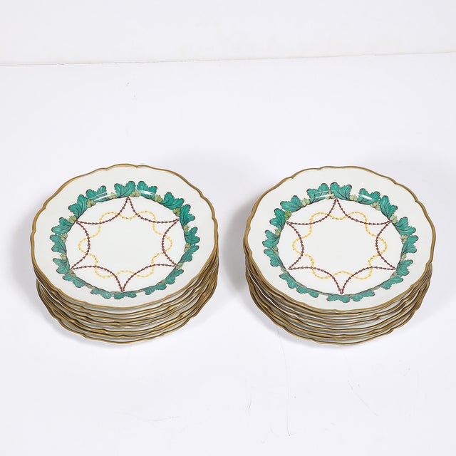 Metal Set of 16 Turquoise & 24k Gilt Border Porcelain Dinner Plates by Hutschenreuther For Sale - Image 7 of 16