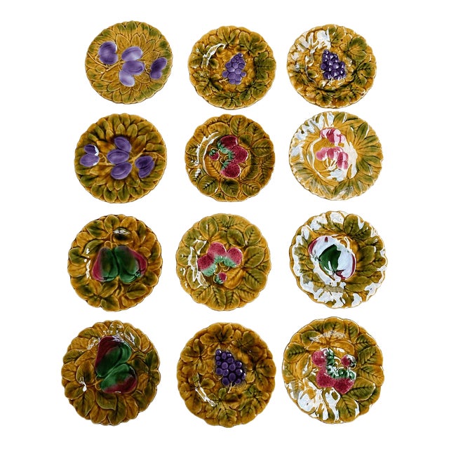Antique French Majolica Fruit Plates from Sarreguemines, 1890s, Set of 12 For Sale