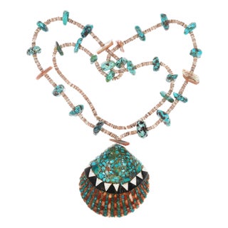 Vintage Santo Domingo Pueblo High Grade Turquoise Heishi Necklace W/inlaid Shell For Sale