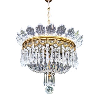 1940s Art Deco Low Plafonnier Crystal Brass Chandelier For Sale