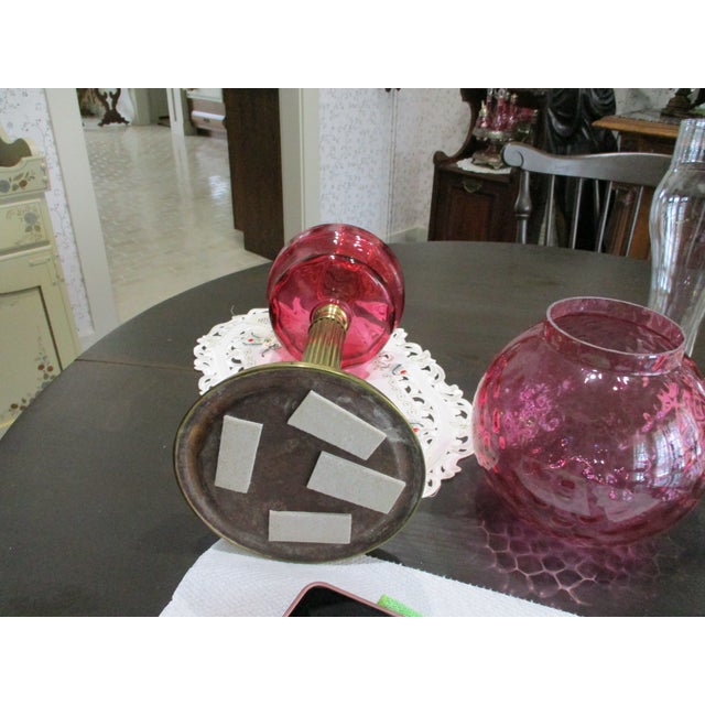 Beautiful Antique Brass Column Tall Oil Lamp Cranberry Glass Shade & Font Double Burner 29" Tall For Sale - Image 13 of 13