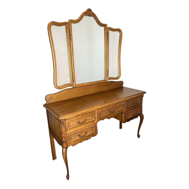 Vintage French Louis Style Oak Dressing Table with Mirror For Sale