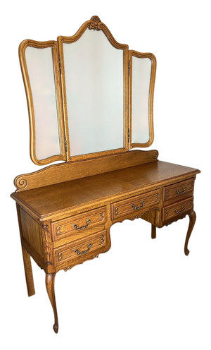 Vintage French Louis Style Oak Dressing Table with Mirror