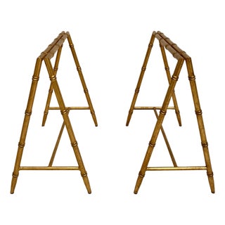 Pair Vintage Gilt Faux Bamboo Sawhorse Form Table Bases in the Style of Tony Duquette For Sale