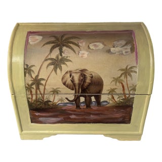Hand Painted Decorative Storage Box Featuring Palm Trees & Elephants. Hand-Painted Wooden Nightstand With Tropical Elephant Scene in Bombay Style For Sale