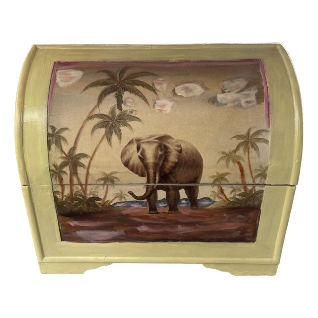 Hand Painted Decorative Storage Box Featuring Palm Trees & Elephants. Hand-Painted Wooden Nightstand With Tropical Elephant Scene in Bombay Style For Sale