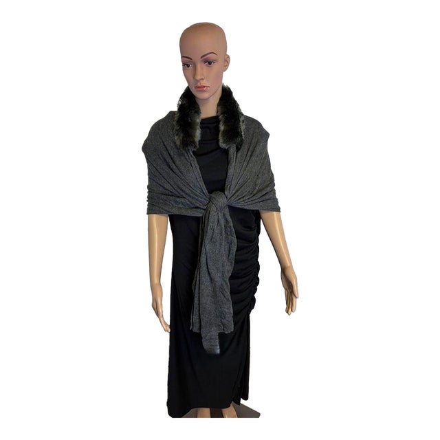 Evelyne Prélonge Cashmere & Faux Fur Shawl – Luxe Gray Wrap, Made in France For Sale