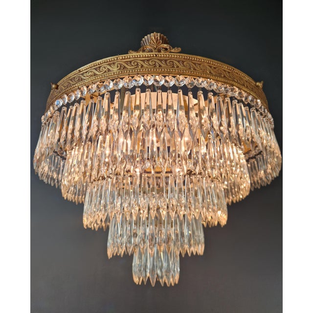 Antique Art Deco Neoclassical Brass and Crystal Chandelier Plafonnier Ceiling For Sale - Image 6 of 9