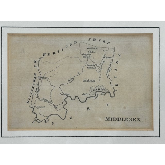 Framed Map of Middlesex England by John Aiken - showing London and nearby counties. This small map was published in...
