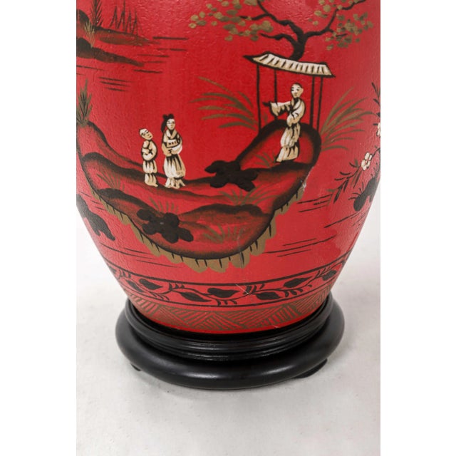 Vintage Chinoiserie Red Ginger Jar Lamp With Figured in White and Gold