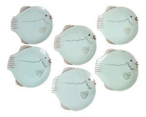 Vintage Mid Century Japanese Whimsical Fish Dinner / Sushi Plates - Set of 6