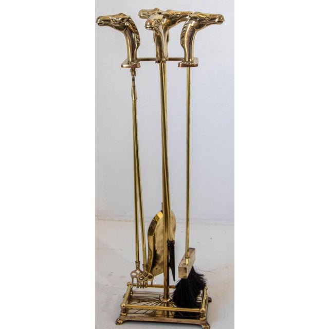 Maison Charles French Brass Horse Head Fireplace Tool Set Equestrian Hollywood Regency Style For Sale - Image 4 of 13
