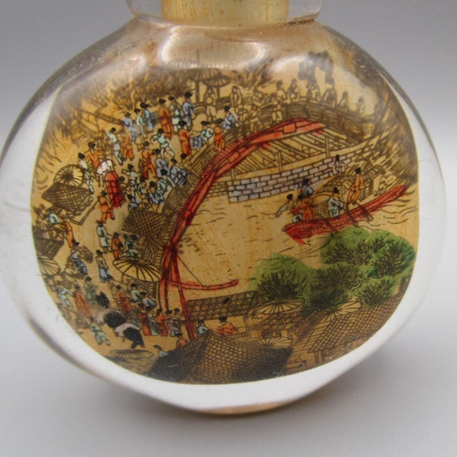 Vintage Eglomise Reverse Hand Painted Glass Snuff Bottle Along the River During the Qingming Festival Qingming Shanghe Tu For Sale - Image 4 of 13