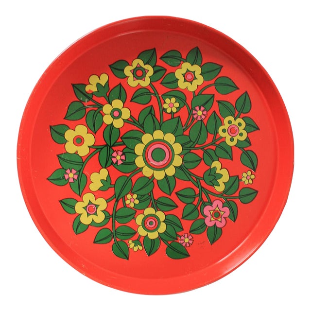 Vintage 1970s Round Red Metal Serving Tray Featuring a Bright "Flower Power" Floral Pattern For Sale