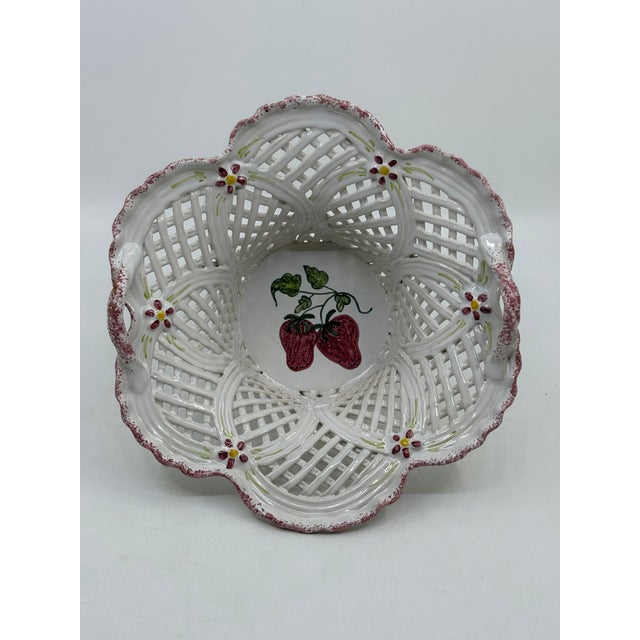 Ceramic Vintage Ceramic Reticulated White and Pink Decorative Bowl With Raspberries Made in Portugal For Sale - Image 7 of 7