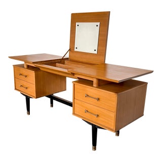 1960s Milo Baughman for Drexel Elm Flip Top Vanity with Mirror and Drawers For Sale
