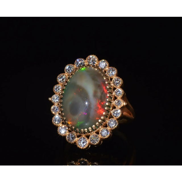 Early 21st Century Certified Natural 9.25Cts VS F Diamond Opal 750 18K Solid Gold Cocktail Halo Milgrain Ring, size 6.5 For Sale - Image 5 of 10