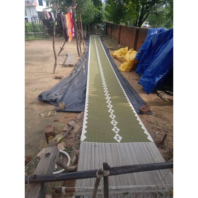 Handmade New Zealand Wool Dhurrie Runner, Olive Green and Cream Geometric Runner Rug- 3'x16' For Sale - Image 11 of 13